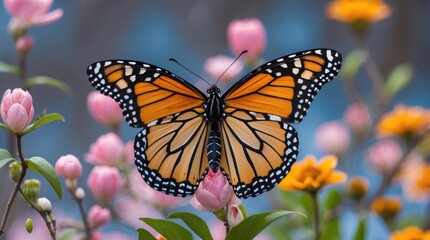 Fototapeta premium Monarch butterfly perched on vibrant spring flowers showcasing nature's beauty and color in a serene garden setting.