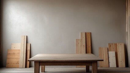Empty wooden table with rustic wood wall and assorted wooden planks in a minimalist interior setting ideal for design or decoration themes.