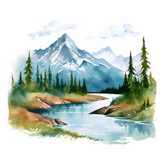 Watercolor clipart river and mountains