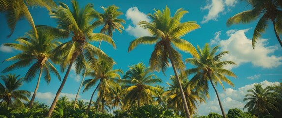 Obraz premium Vibrant Tropical Palm Trees Under Blue Sky With Coconuts Offering Space For Text And Capturing The Essence Of Paradise