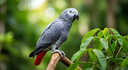 A Grey Parrot Perched on a Branch in a Rainforest, With Its Distinctive Red Tail Feathers Visible