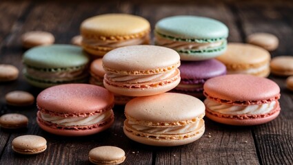 Colorful macarons arranged artistically on a rustic wooden background showcasing their delicate textures and vibrant colors.