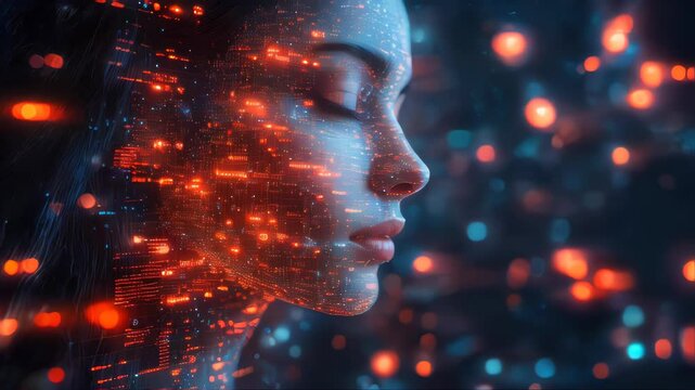 A futuristic woman with a digital face interface, featuring glowing red and blue data streams in a cybernetic environment