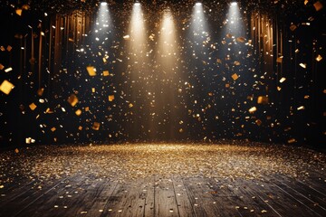 Golden confetti falling from above on celebration stage with bright light beam, offering ideal background for award ceremonies, birthdays, new year festivities, or product unveilings