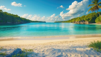 Serene tropical beach landscape with turquoise waters and lush greenery ideal for vacation and relaxation at a beautiful lagoon setting.