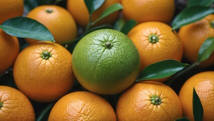 Green Orange Among Ripe Oranges Surrounded by Lush Leaves on a Fresh Fruit Display