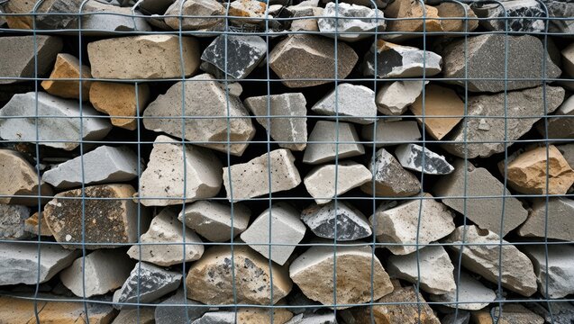 Wire mesh basket filled with natural stones for landscaping and erosion control in construction and gardening applications.