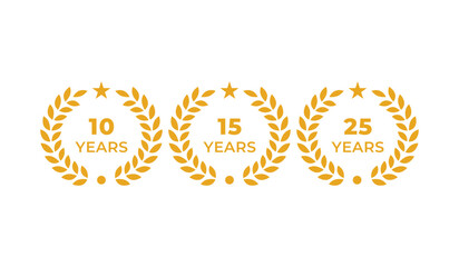 anniversary icon vector design template for 10 years, 15 years and 25 years