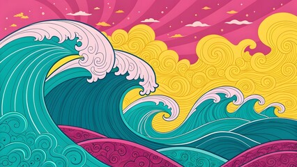 Obraz premium Colorful Waves with Swirls and Sunburst in Vibrant Pink Sky