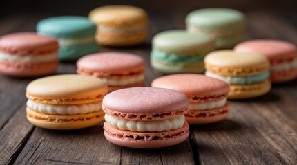 Colorful macarons arranged on a rustic wooden table showcasing a variety of flavors and textures in a delightful dessert composition.
