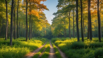 Obraz premium Serene Sunlit Forest Path Surrounded By Lush Greenery And Vibrant Trees On A Clear Summer Day