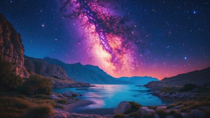 Fototapeta premium Stunning Night Sky Over Serene Landscape with Stars and Milky Way Galaxy Reflected in Calm Waters