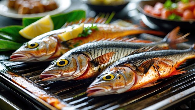 Grilled Tropical Fish Variety Featuring Tambaqui and Matrinxa with Lemon and Fresh Herbs on a BBQ Grill Platter