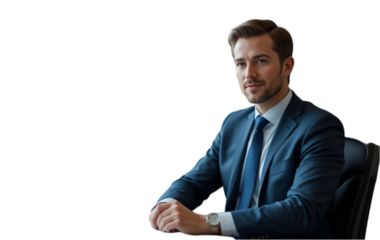 Young businessman isolated without background, Employee wearing a suit sitting, executive in formal attire sitting