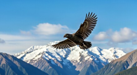 Fototapeta premium A Kākā in Flight, Its Wings Outstretched, Against a Backdrop of Snow-Capped Mountains in New Zealand