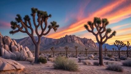 Obraz premium Majestic Joshua Trees under a colorful sunset with mountains in the background showcasing the beauty of California's desert landscape.