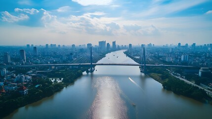 A stunning aerial view of a modern cityscape showcasing a large river and a beautiful bridge under a bright blue sky with wispy clouds