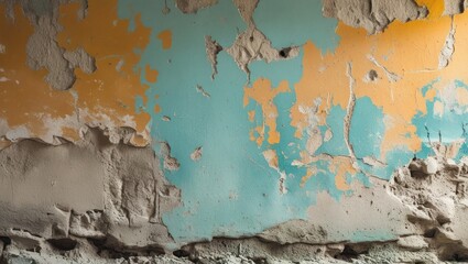 Faded multicolored wall texture with peeling paint and exposed cement revealing layers of history in rustic background design