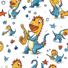 Obraz premium Playful Dinosaurs Jamming Saxophones Joyful Music Cartoon