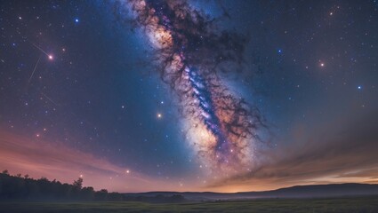 Fototapeta premium Stunning Milky Way Galaxy with Long Exposure and Visible Details Over a Serene Landscape Featuring Empty Space for Text Overlay