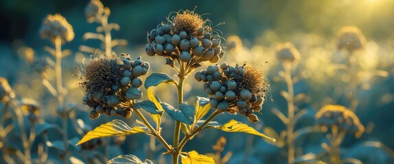 Dry Hyoscyamus niger flowers with seed pods glowing in soft sunlight against a blurred natural backdrop showcasing late summer scenery.