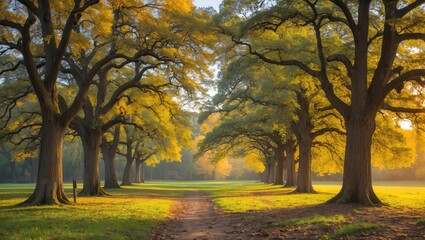 Fototapeta premium Serene autumn landscape with golden trees lining a peaceful path in a sunlit park setting, showcasing nature's vibrant seasonal colors.