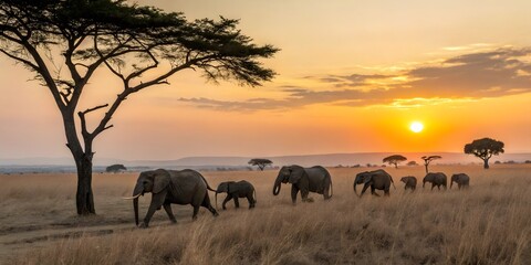 Fototapeta premium Family of Elephants Walking at Sunset in African Savannah
