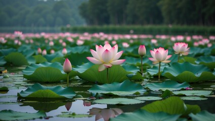 Lotus flowers blooming gracefully on the surface of a serene lake surrounded by lush greenery and vibrant foliage.