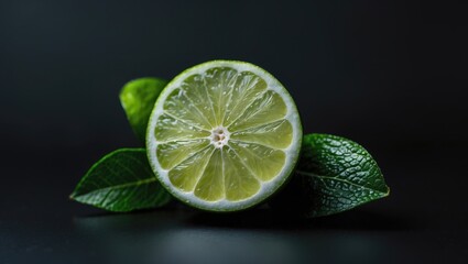 Fresh Lime Slice Surrounded By Green Leaves Against A Dark Background Highlighting Its Juicy Interior And Textured Surface.