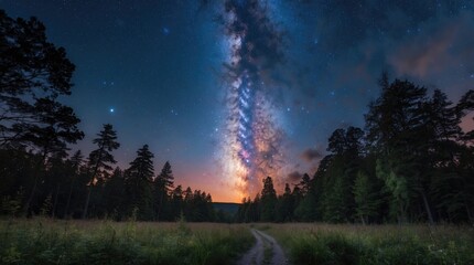 Fototapeta premium Stunning Milky Way galaxy above a serene forest path during twilight, highlighting the beauty of nature and the cosmos.