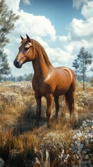 Fototapeta premium Majestic brown horse standing in a sunlit field surrounded by tall grass and wildflowers in a picturesque landscape