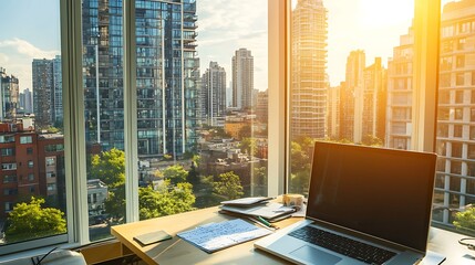 Laptop and Papers near Window with City View