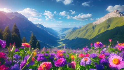 Stunning mountain valley landscape adorned with vibrant flowers under a clear blue sky ideal for nature and outdoor themes.