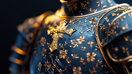 ornate golden cross on dark blue armor