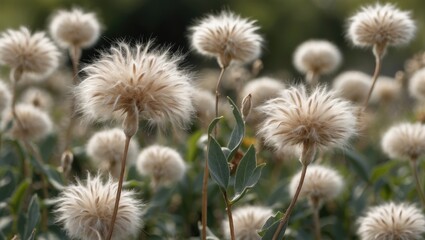 Fluffy Seed Heads on Tall Stems in a Lush Green Field Ready for Wind Dispersal in Autumn Nature Scene