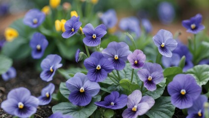 Vibrant Purple Violets Blooming in a Garden Surrounded by Colorful Spring Flowers and Lush Green Foliage