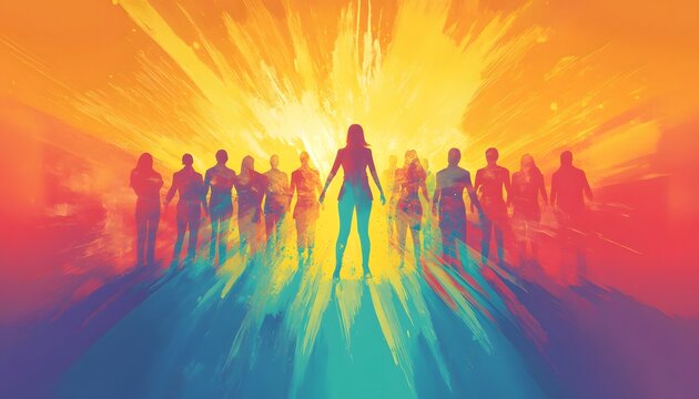 A vibrant and colorful representation of human figures against a backdrop of radiant light, symbolizing unity, positivity, and shared journeys in life.