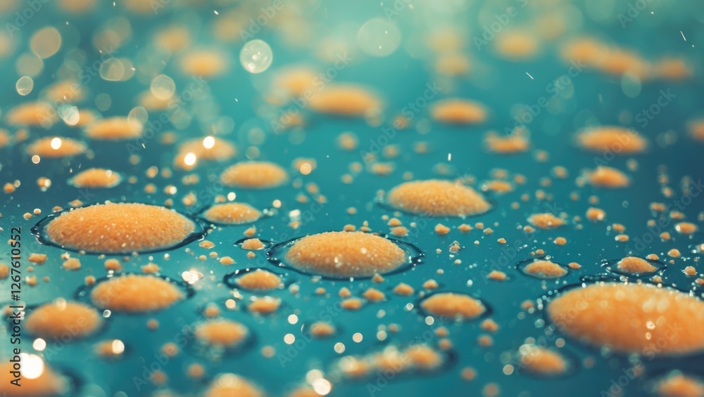 Poster macro shot capturing vibrant water particles and droplets creating a stunning visual effect on a blu