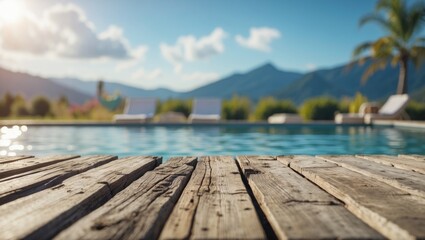 Fototapeta premium Close-Up Empty Space On Weathered Wooden Deck By The Pool With Blurred Mountains And Sky In The Background Ideal For Summer Promotions.