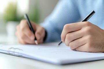 person writing on paper with pens