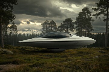 Obraz premium Mystical flying saucer hovering above a serene forest in a cloudy atmosphere