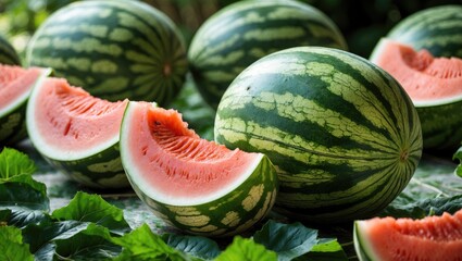 Freshly Sliced Watermelons Surrounded By Whole Fruits On Green Leaves In A Summer Setting With Space For Text Or Copy