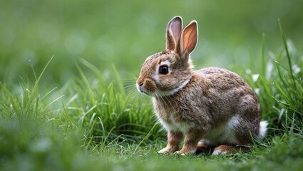 Fototapeta premium Cute Brown Rabbit Sitting on Lush Green Grass in Natural Habitat with Soft Focus Background