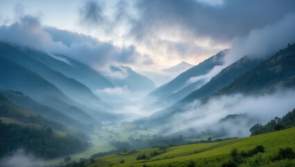Obraz premium Misty mountains at dawn with lush green valleys and dramatic cloud formations creating a tranquil landscape scene.