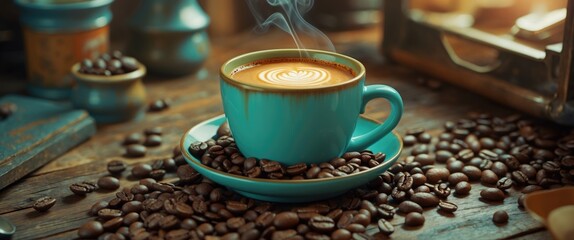 Steam Rising from a Hot Cup of Coffee Surrounded by Fresh Beans on a Rustic Wooden Table in Vintage Color Tones