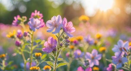 Close-up of vibrant blooming flowers in a sunlit garden with soft bokeh background showcasing natural beauty and summer colors.