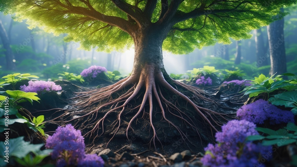 Poster root system of a tree surrounded by vibrant flora and soft light with copy space for text in a seren