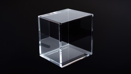 Acrylic cube on black background showcasing clarity and minimalism suitable for modern design and artistic presentations.