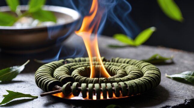 Burning neem mosquito coil releasing smoke to repel insects with vibrant flames and green leaves, highlighting natural pest control methods