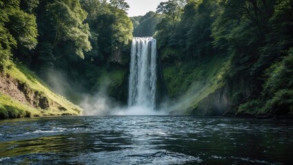 Obraz premium Majestic Waterfall Surrounded by Lush Greenery and Mist Over Serene River in a Natural Landscape Setting